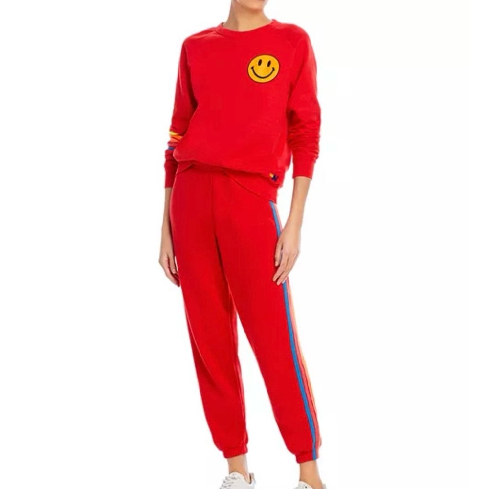 Aviator Nation Red Smiley Sweatshirt and 5-Stripe Jogger Pant Set